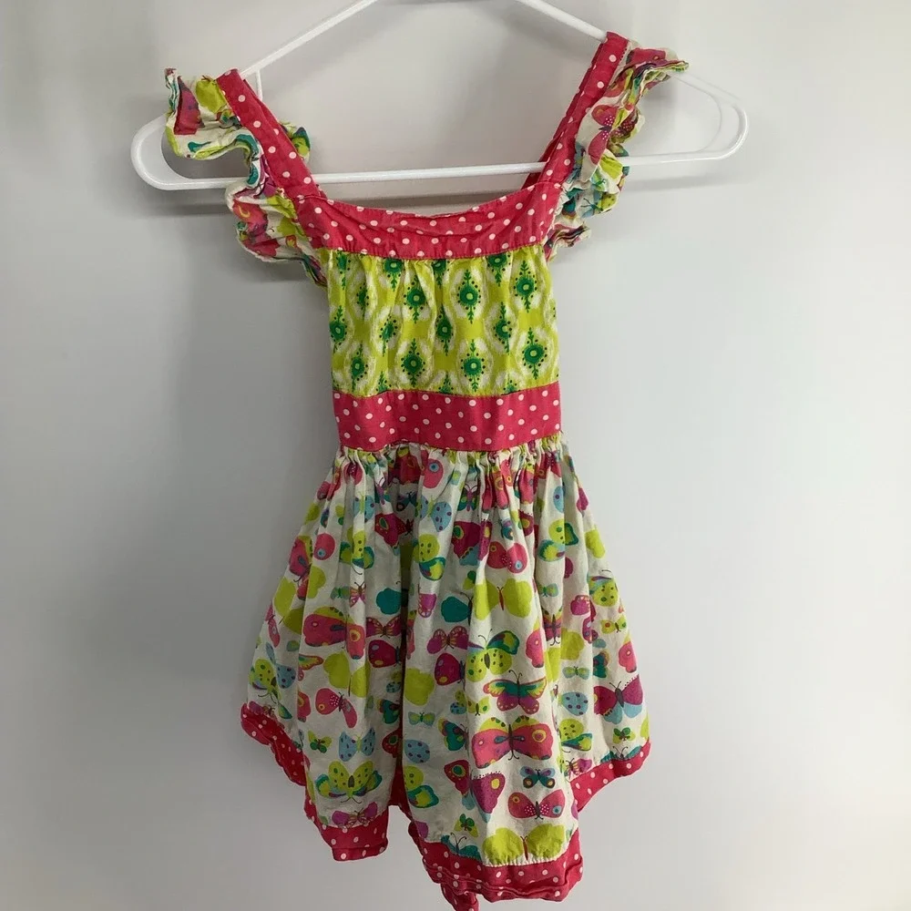 Jelly the Pug Girls Butterfly Ruffle‎ Dress Yellow Pink Mixed Print sz 5
